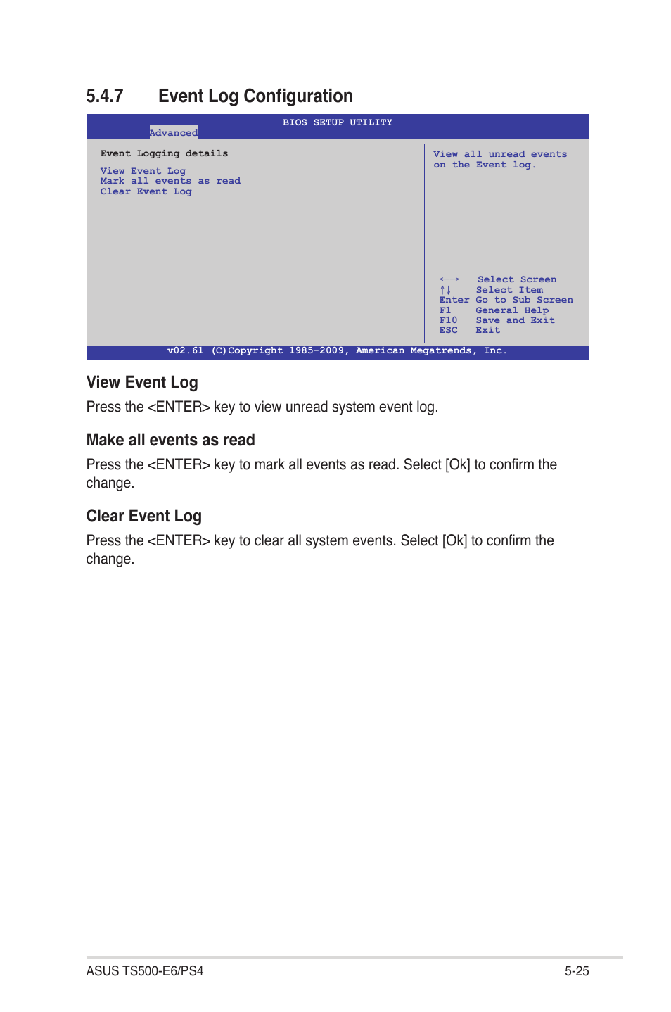 7 event log configuration, Event log configuration -25, View event log | Make all events as read, Clear event log | Asus TS500-E6/PS4 User Manual | Page 95 / 162