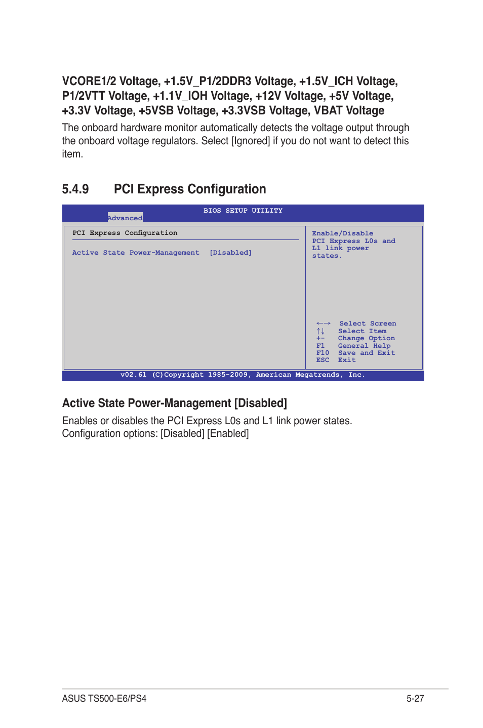 9 pci express configuration, Pci express configuration -27, Active state power-management [disabled | Asus TS500-E6/PS4 User Manual | Page 97 / 162