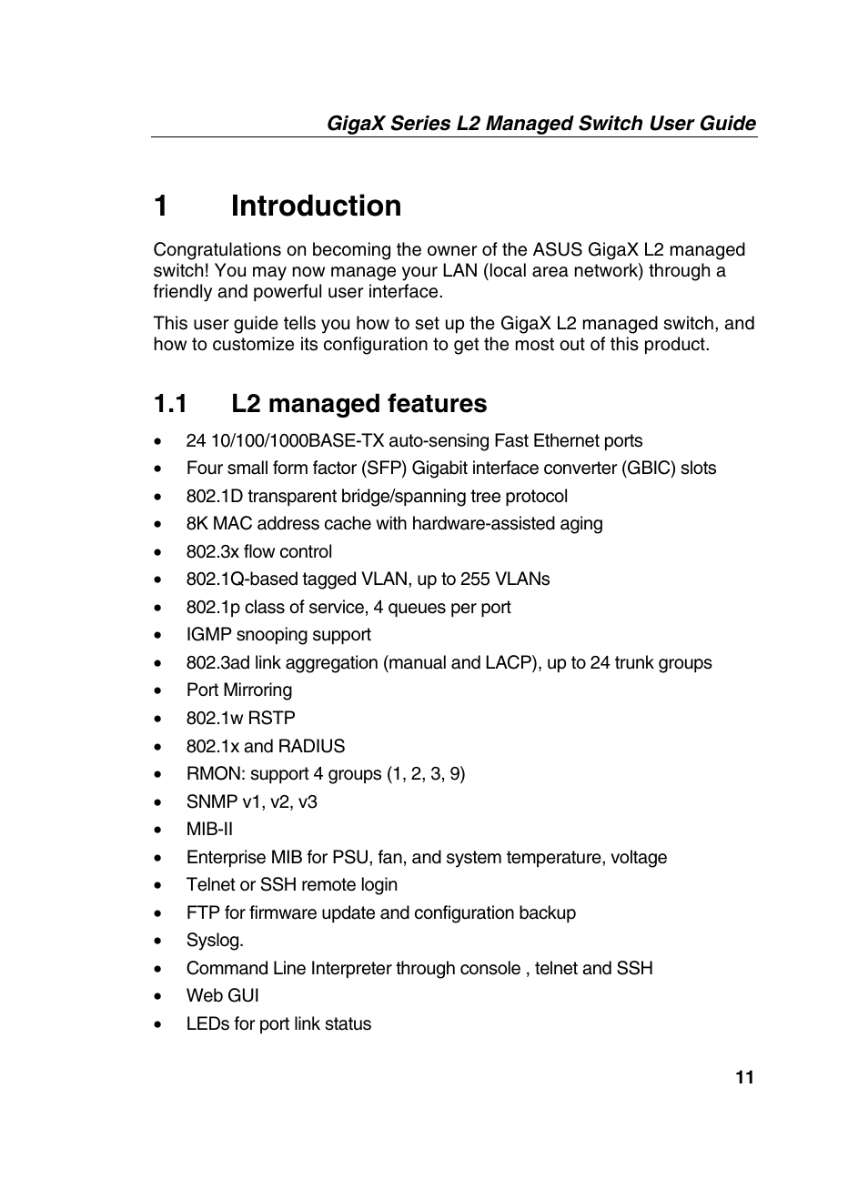 1 introduction, 1 l2 managed features | Asus GigaX2124X/C User Manual | Page 11 / 112