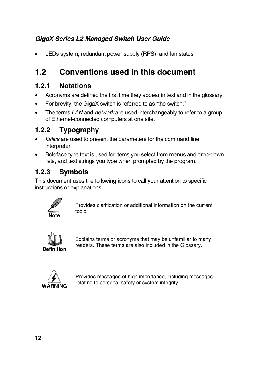 2 conventions used in this document, 1 notations, 2 typography | 3 symbols | Asus GigaX2124X/C User Manual | Page 12 / 112