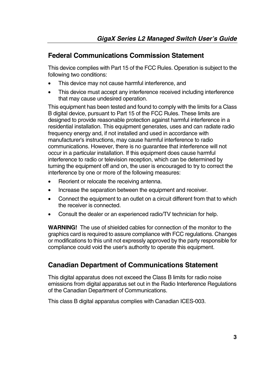 Federal communications commission statement, Canadian department of communications statement | Asus GigaX2124X/C User Manual | Page 3 / 112