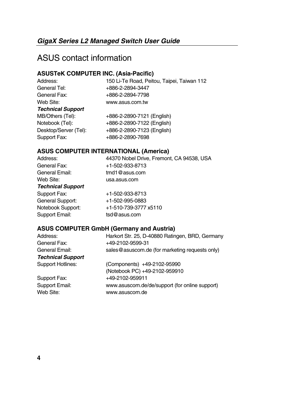 Asus contact information, Gigax series l2 managed switch user guide | Asus GigaX2124X/C User Manual | Page 4 / 112