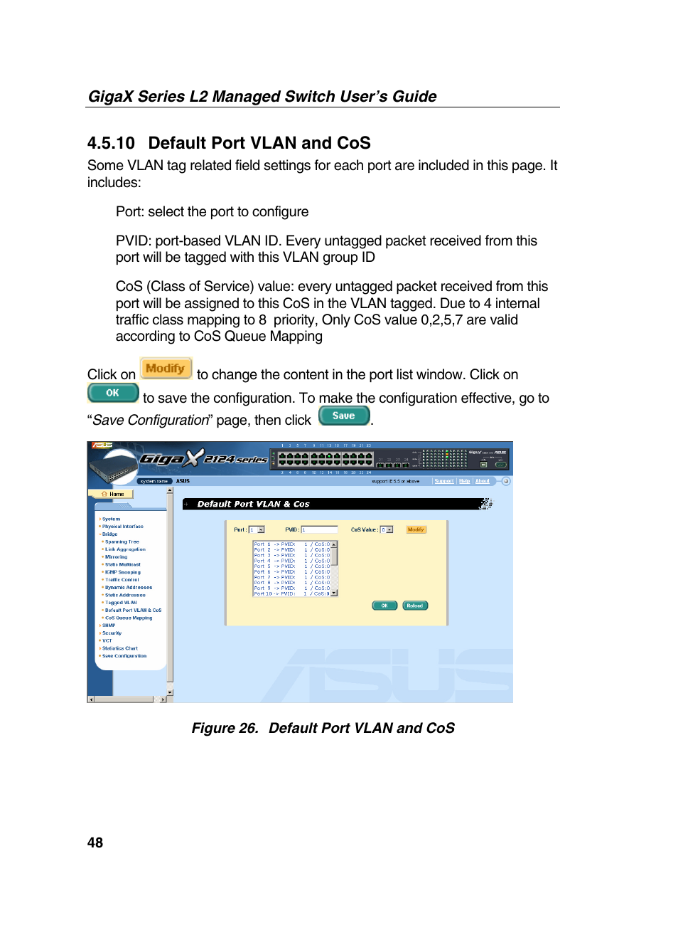 10 default port vlan and cos | Asus GigaX2124X/C User Manual | Page 48 / 112