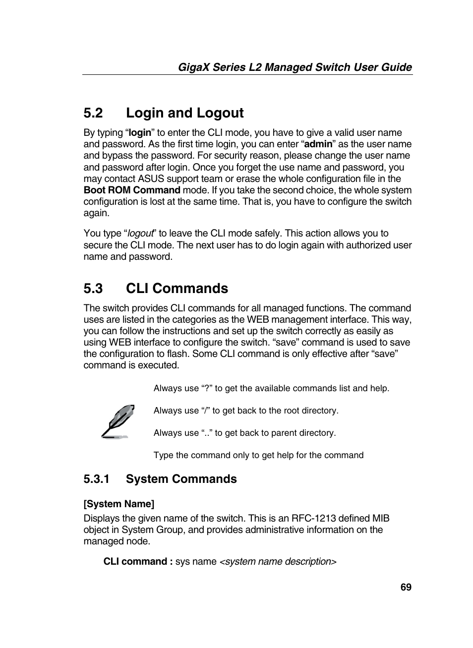 2 login and logout, 3 cli commands | Asus GigaX2124X/C User Manual | Page 69 / 112