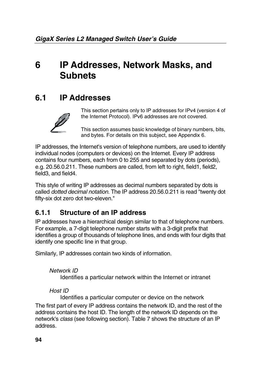 6ip addresses, network masks, and subnets, 1 ip addresses | Asus GigaX2124X/C User Manual | Page 94 / 112