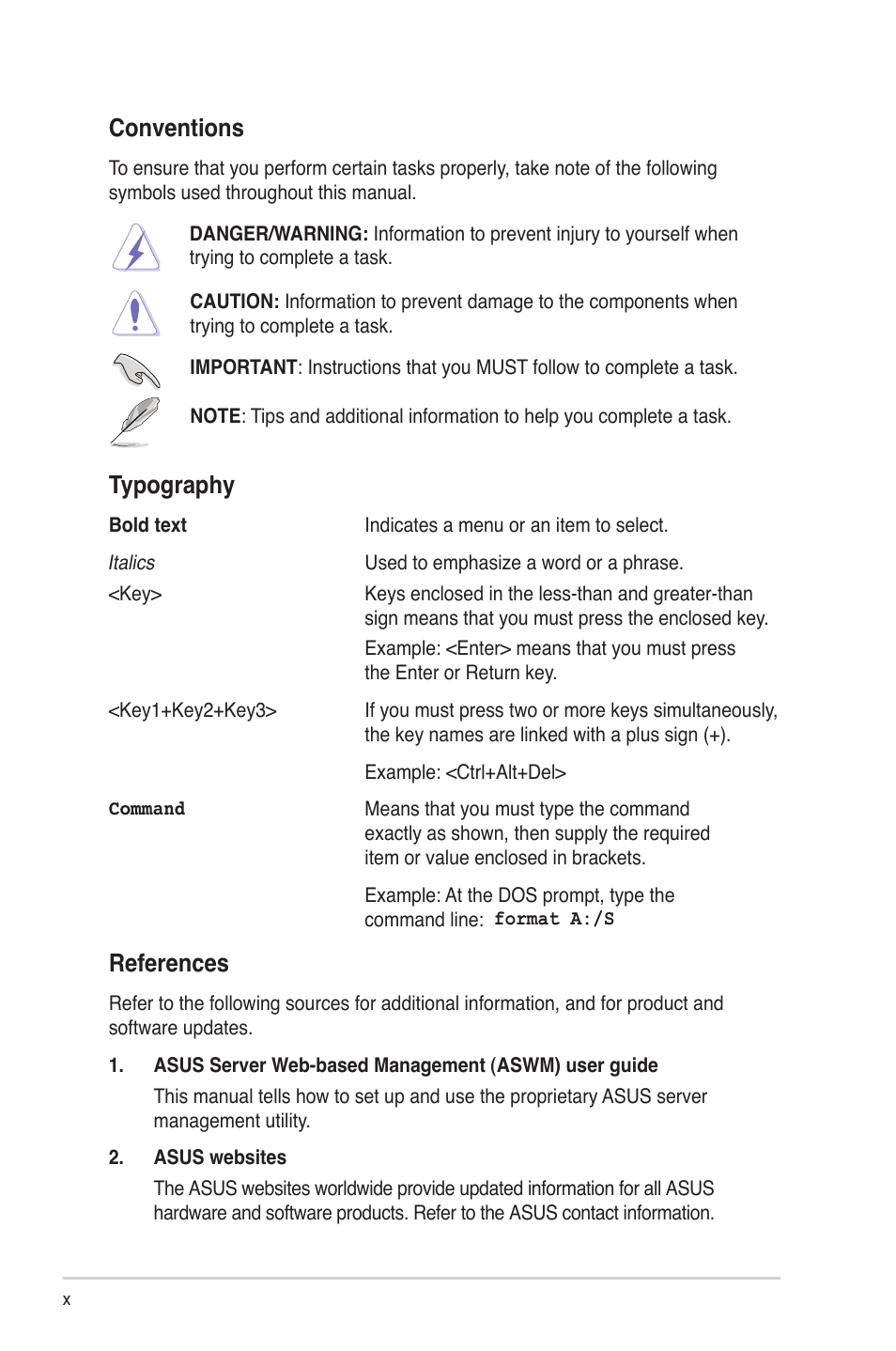 References, Conventions, Typography | Asus RS724Q-E6/RS12 User Manual | Page 10 / 166