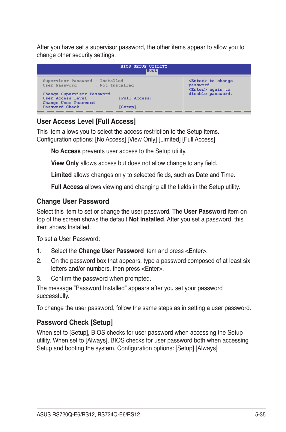 User access level [full access, Change user password, Password check [setup | Asus RS724Q-E6/RS12 User Manual | Page 101 / 166