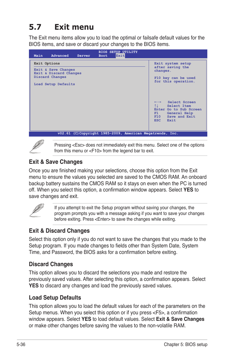 7 exit menu, Exit menu -36, Exit & save changes | Exit & discard changes, Discard changes, Load setup defaults | Asus RS724Q-E6/RS12 User Manual | Page 102 / 166