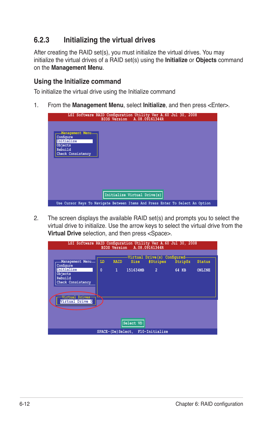 3 initializing the virtual drives, Initializing the virtual drives -12, Using the initialize command | Asus RS724Q-E6/RS12 User Manual | Page 114 / 166