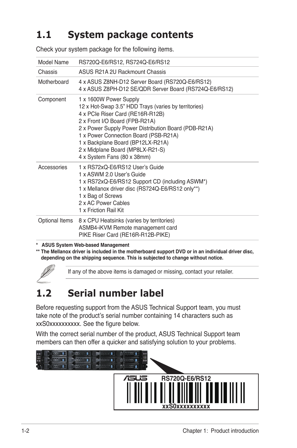 1 system package contents, 2 serial number label, System package contents -2 | Serial number label -2 | Asus RS724Q-E6/RS12 User Manual | Page 12 / 166