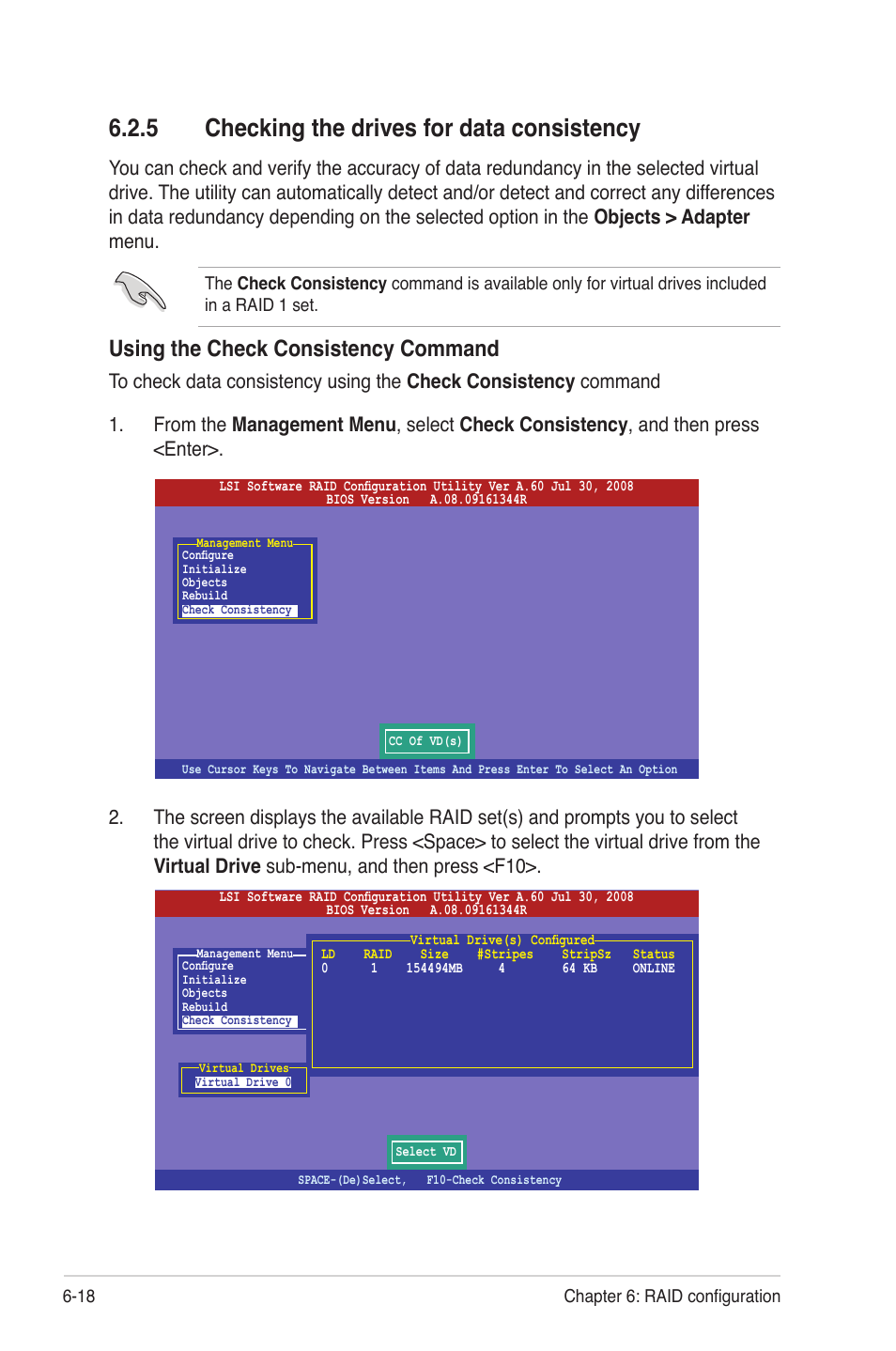 5 checking the drives for data consistency, Checking the drives for data consistency -18, Using the check consistency command | Asus RS724Q-E6/RS12 User Manual | Page 120 / 166