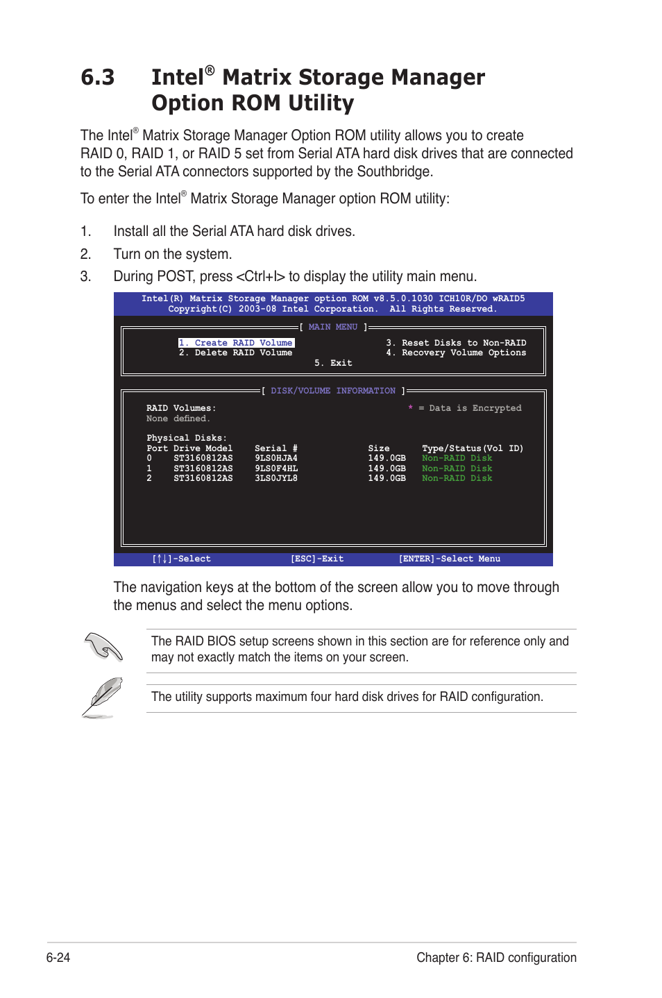 3 intel® matrix storage manager option rom utility, Intel, Matrix storage manager option rom utility -24 | 3 intel, Matrix storage manager option rom utility, The intel | Asus RS724Q-E6/RS12 User Manual | Page 126 / 166