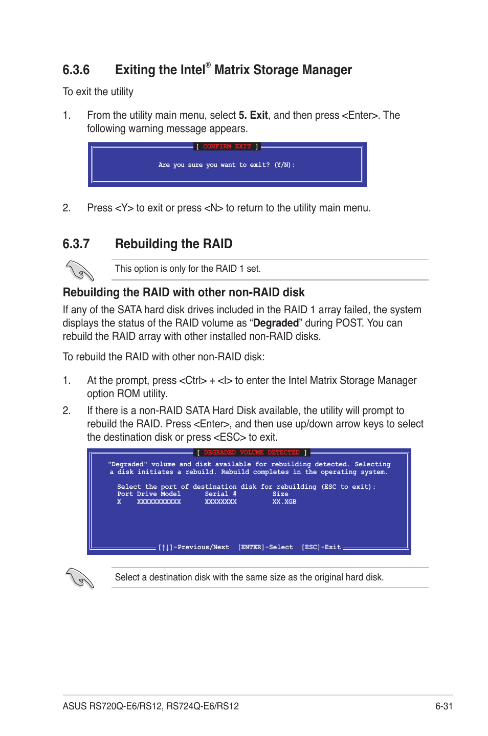 6 exiting the intel® matrix storage manager, 7 rebuilding the raid, Exiting the intel | Matrix storage manager -31, Rebuilding the raid -31, 6 exiting the intel, Matrix storage manager, Rebuilding the raid with other non-raid disk | Asus RS724Q-E6/RS12 User Manual | Page 133 / 166