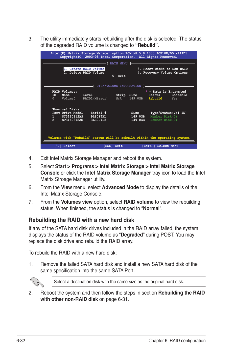 Rebuilding the raid with a new hard disk | Asus RS724Q-E6/RS12 User Manual | Page 134 / 166