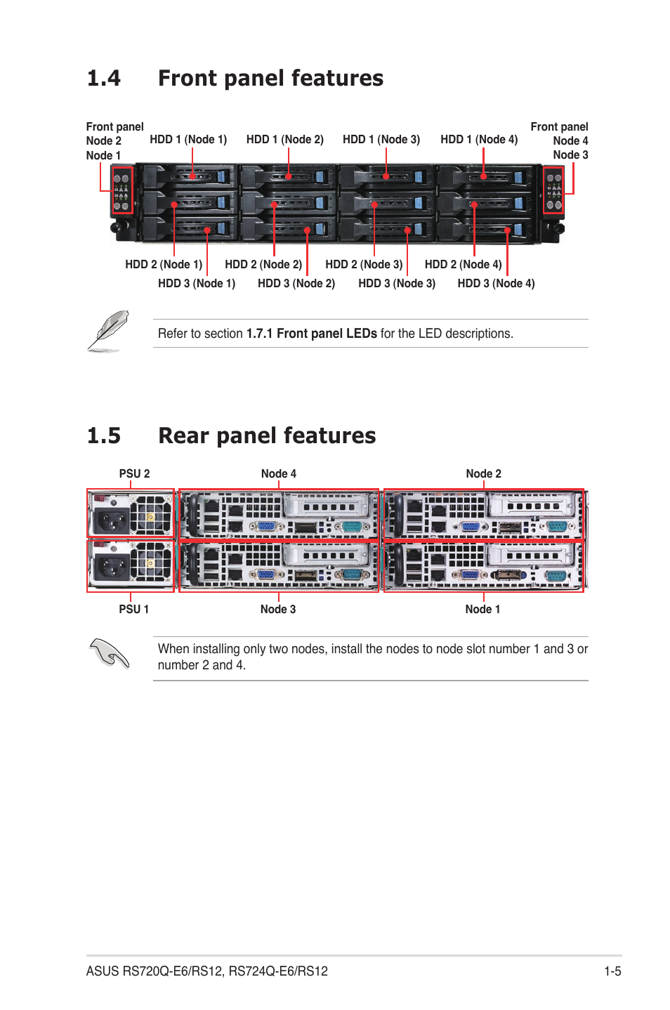 4 front panel features, 5 rear panel features, Front panel features -5 | Rear panel features -5 | Asus RS724Q-E6/RS12 User Manual | Page 15 / 166