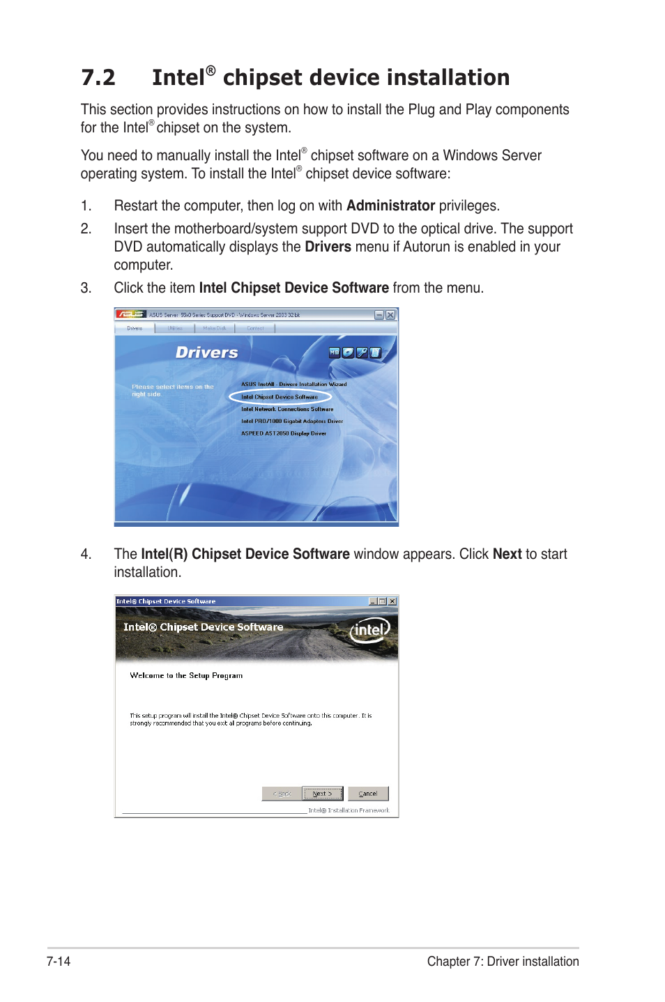 2 intel® chipset device installation, Intel, Chipset device installation -14 | 2 intel, Chipset device installation | Asus RS724Q-E6/RS12 User Manual | Page 150 / 166