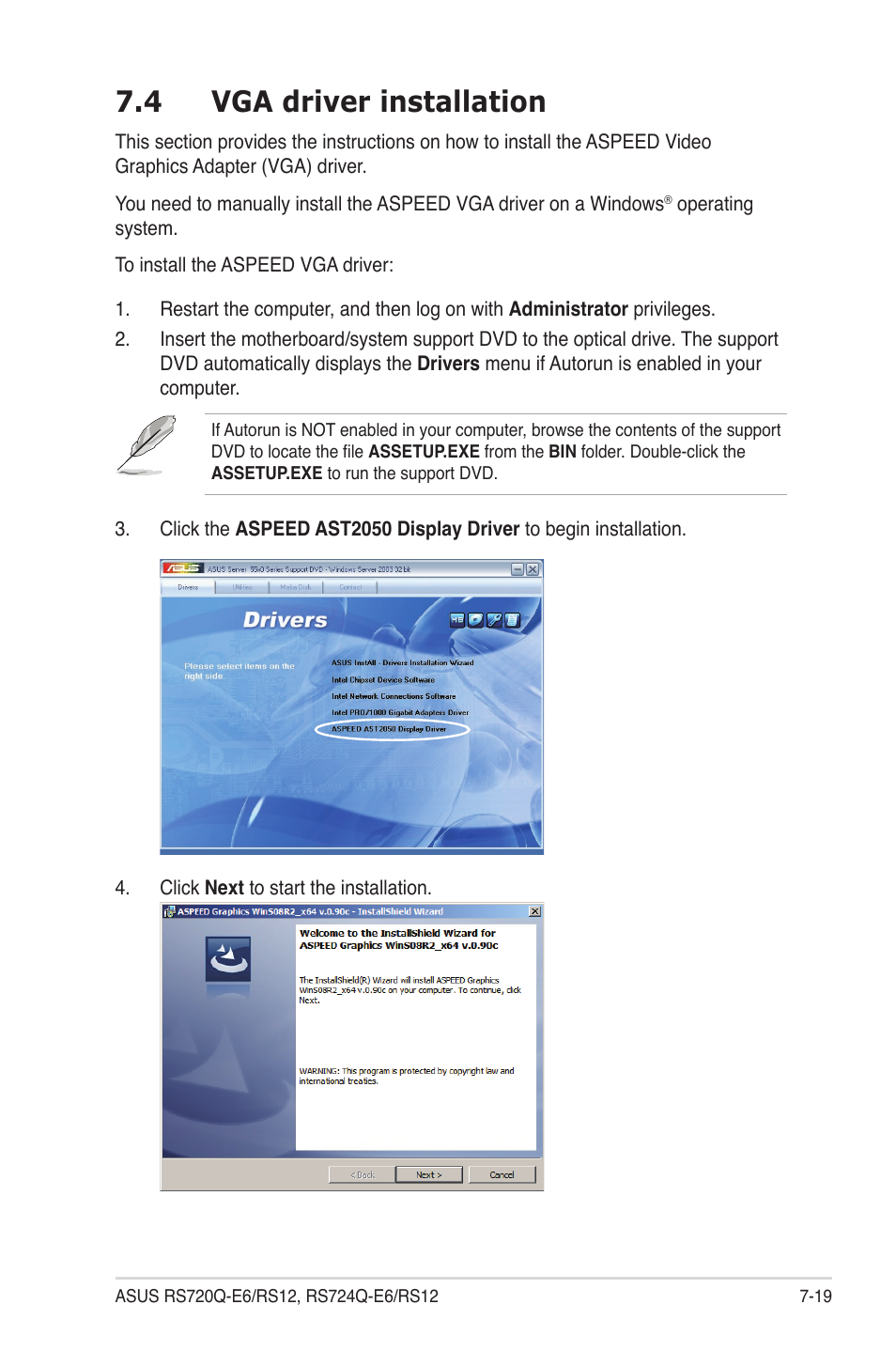 4 vga driver installation, Vga driver installation -19 | Asus RS724Q-E6/RS12 User Manual | Page 155 / 166