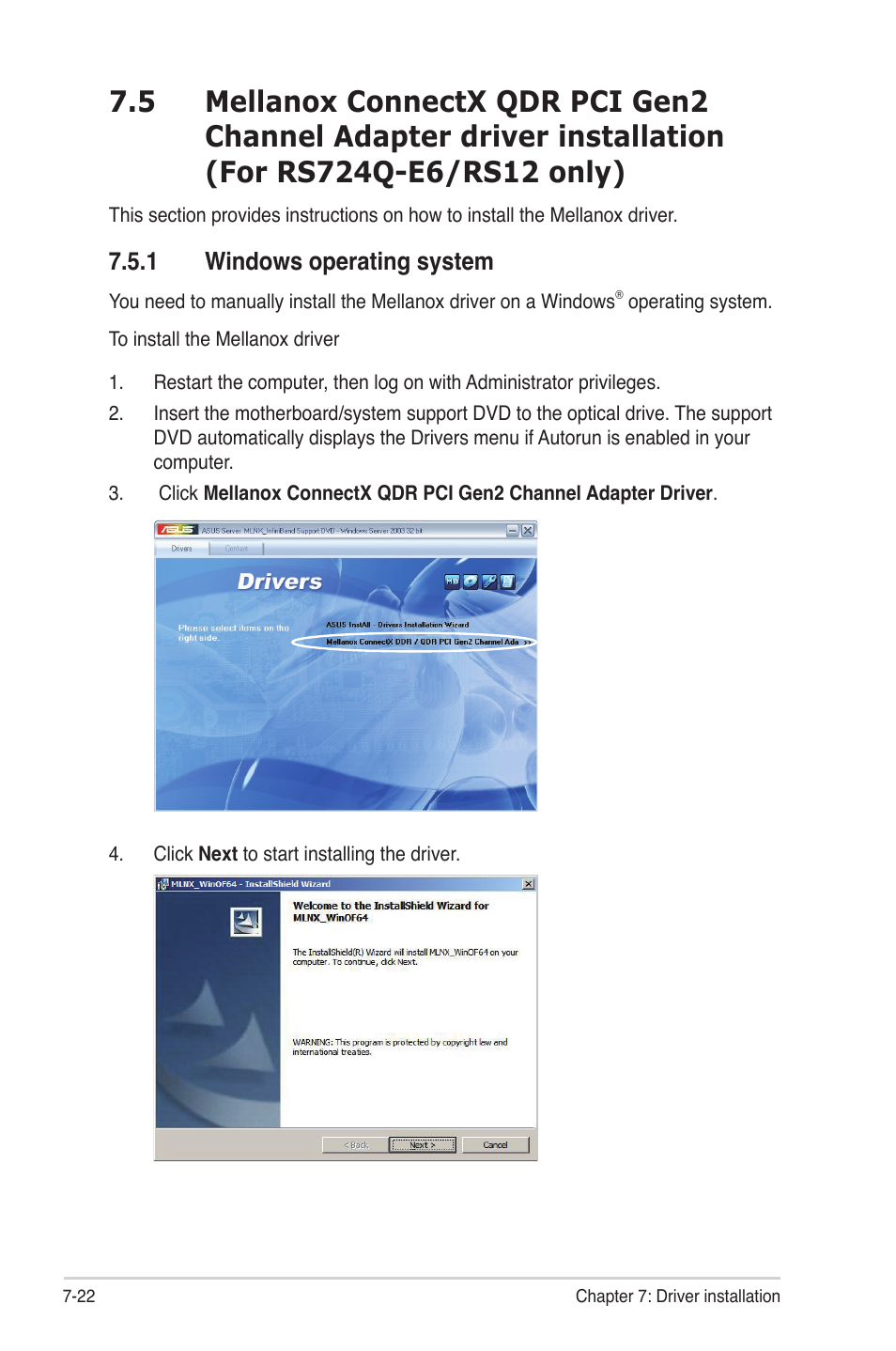 1 windows operating system, Installation (for rs724q-e6/rs12 only) -22 7.5.1, Windows operating system -22 | Asus RS724Q-E6/RS12 User Manual | Page 158 / 166