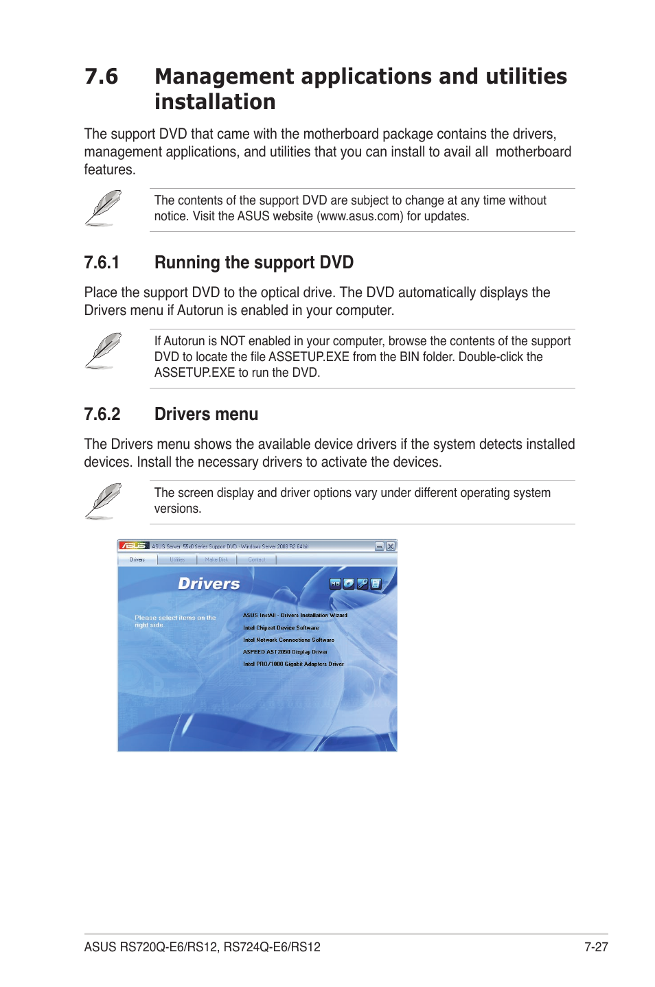 1 running the support dvd, 2 drivers menu, Running the support dvd -27 | Drivers menu -27 | Asus RS724Q-E6/RS12 User Manual | Page 163 / 166