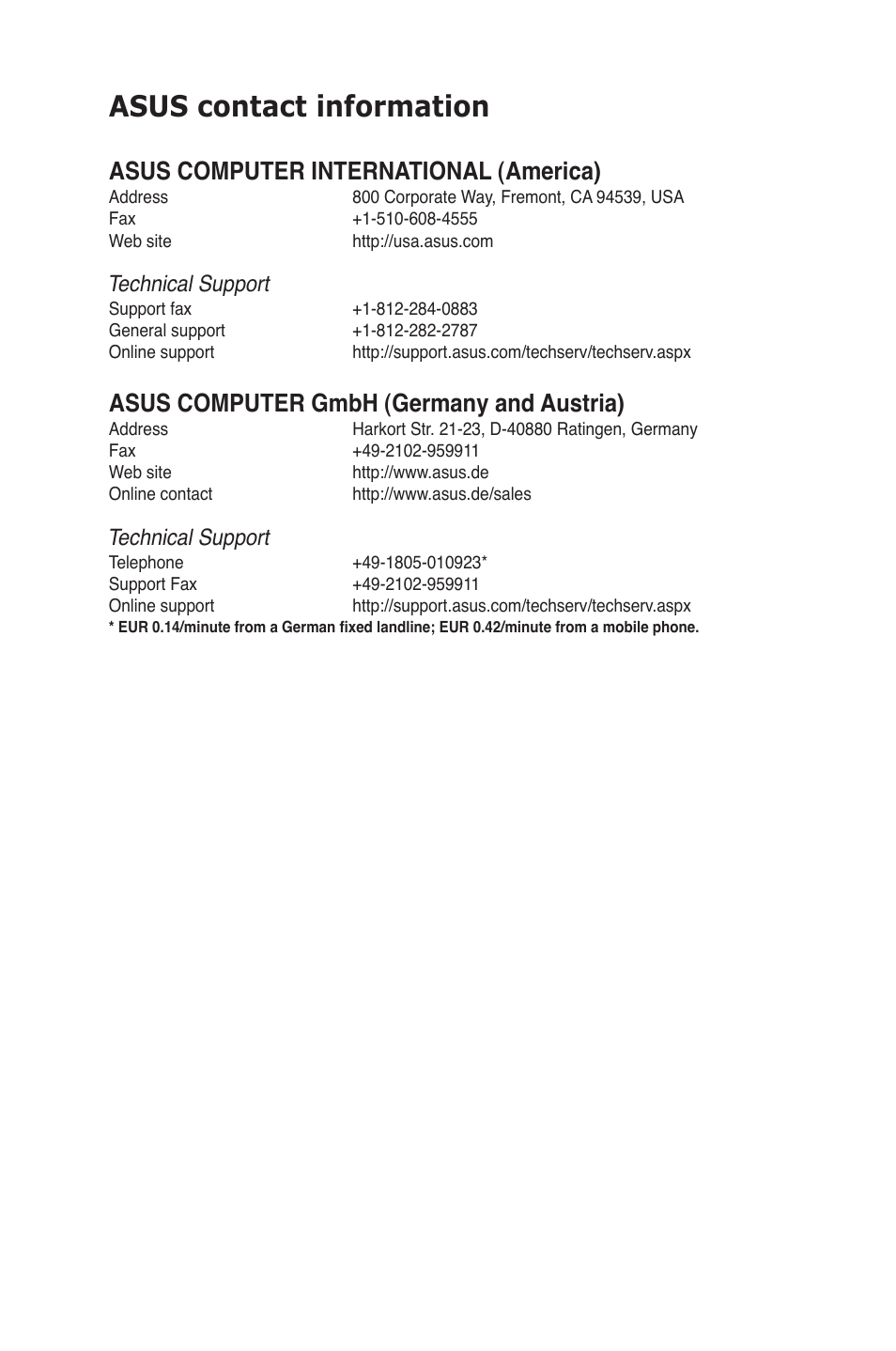 Asus contact information, Asus computer international (america), Asus computer gmbh (germany and austria) | Technical support | Asus RS724Q-E6/RS12 User Manual | Page 166 / 166