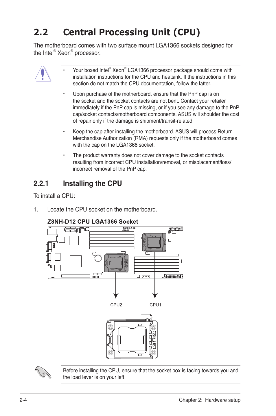 2 central processing unit (cpu), 1 installing the cpu, Central processing unit (cpu) -4 2.2.1 | Installing the cpu -4 | Asus RS724Q-E6/RS12 User Manual | Page 24 / 166