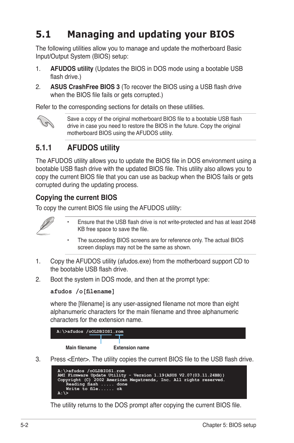 1 managing and updating your bios, 1 afudos utility, Managing and updating your bios -2 5.1.1 | Afudos utility -2, Copying the current bios | Asus RS724Q-E6/RS12 User Manual | Page 68 / 166