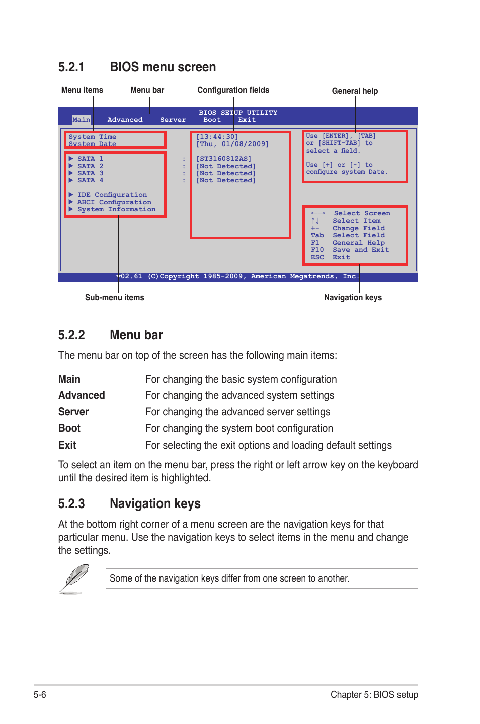 1 bios menu screen, 2 menu bar, 3 navigation keys | Bios menu screen -6, Menu bar -6, Navigation keys -6 | Asus RS724Q-E6/RS12 User Manual | Page 72 / 166