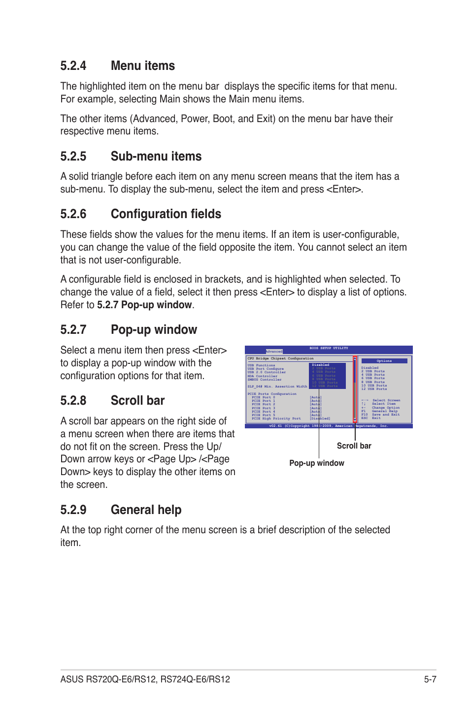 4 menu items, 5 sub-menu items, 6 configuration fields | 7 pop-up window, 8 scroll bar, 9 general help, Menu items -7, Sub-menu items -7, Configuration fields -7, Pop-up window -7 | Asus RS724Q-E6/RS12 User Manual | Page 73 / 166