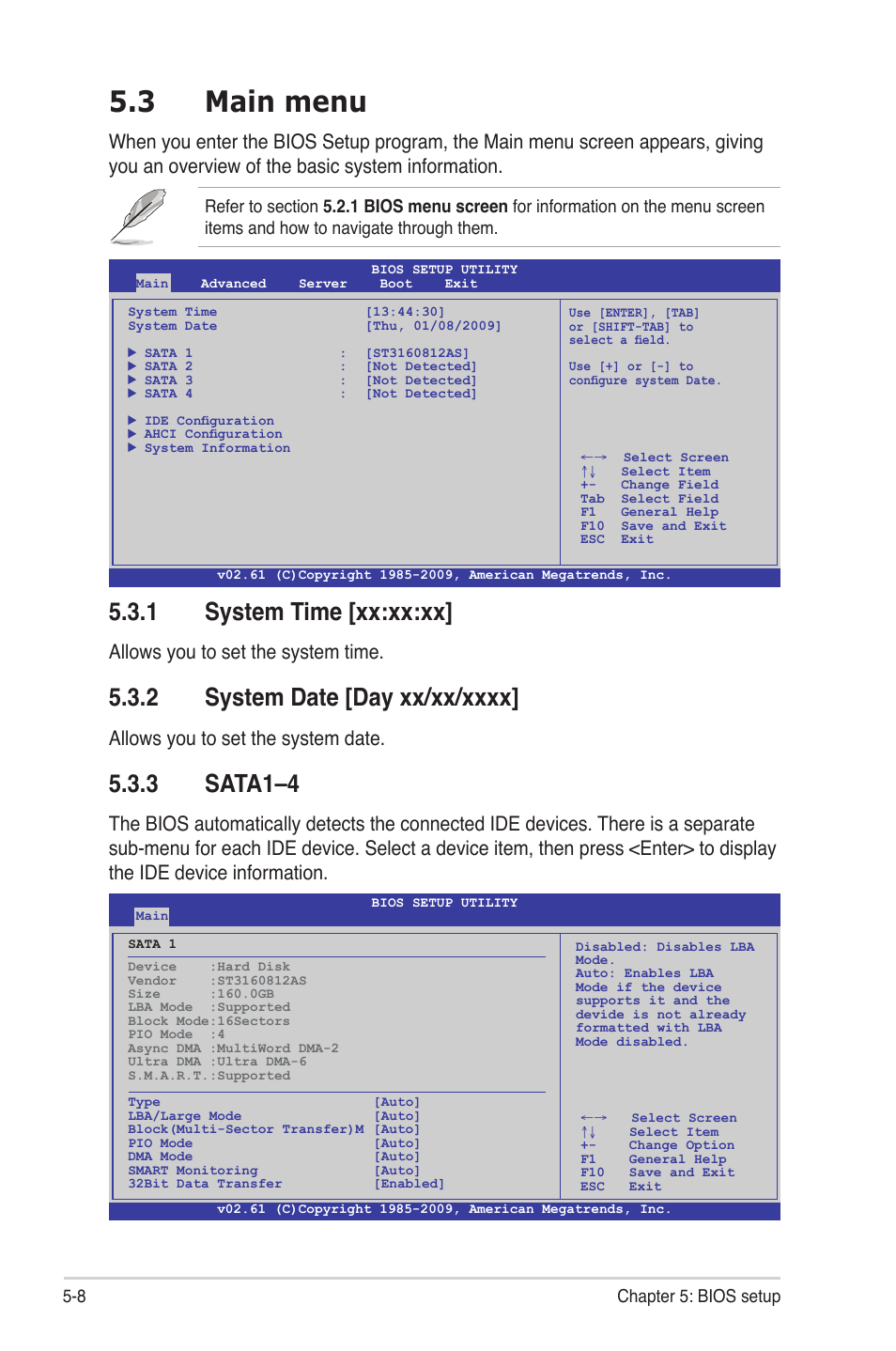 3 main menu, 1 system time [xx:xx:xx, 2 system date [day xx/xx/xxxx | 3 sata1–4, Main menu -8 5.3.1, System time -8, System date -8, Sata1–4 -8, Allows you to set the system time, Allows you to set the system date | Asus RS724Q-E6/RS12 User Manual | Page 74 / 166