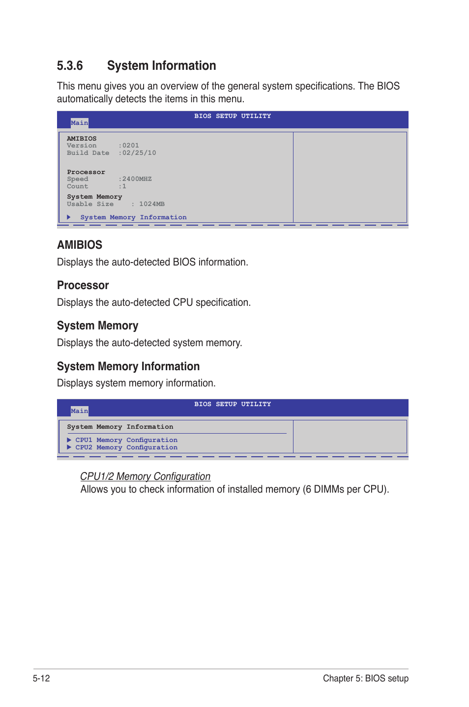 6 system information, System information -12, Amibios | Processor | Asus RS724Q-E6/RS12 User Manual | Page 78 / 166