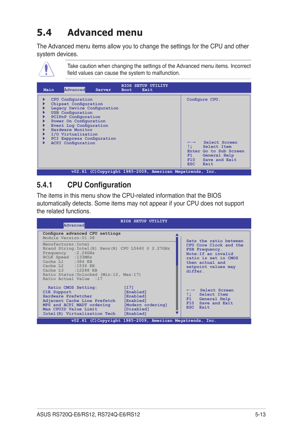 4 advanced menu, 1 cpu configuration, Advanced menu -13 5.4.1 | Cpu configuration -13 | Asus RS724Q-E6/RS12 User Manual | Page 79 / 166