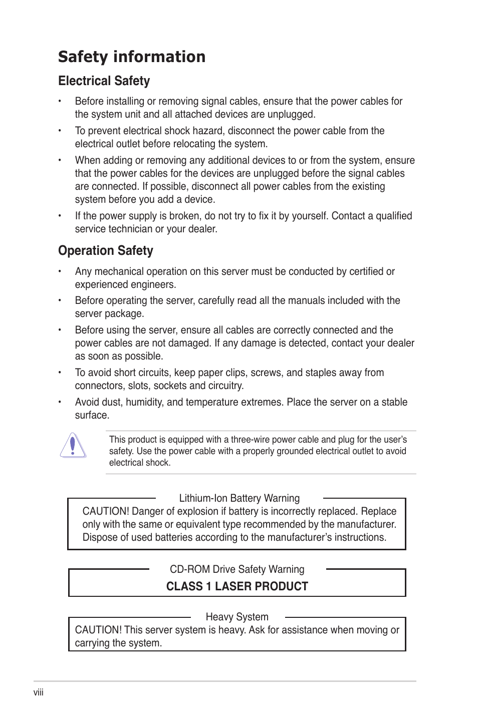 Safety information, Electrical safety, Operation safety | Asus RS724Q-E6/RS12 User Manual | Page 8 / 166