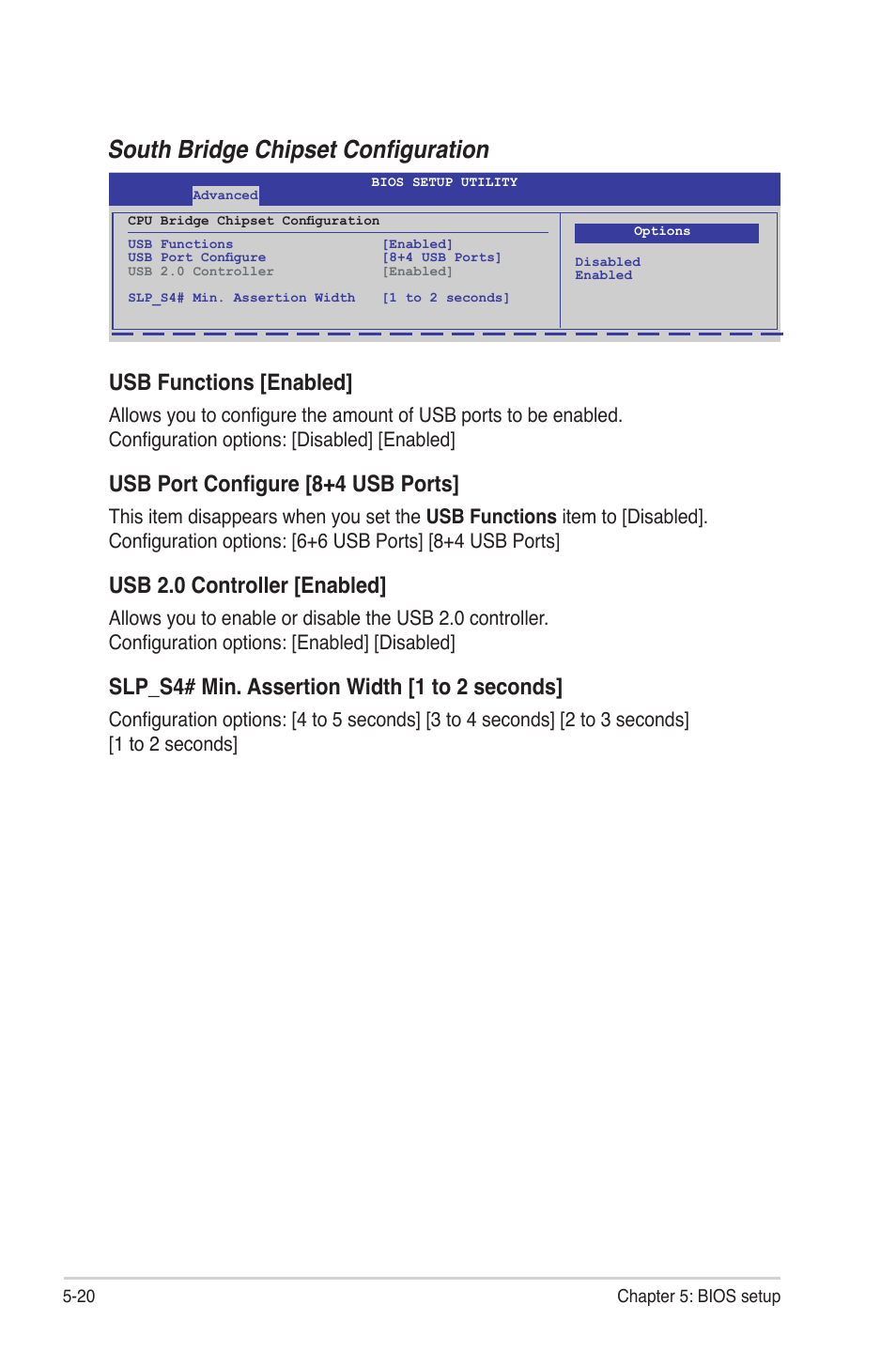 South bridge chipset configuration, Usb functions [enabled, Usb port configure [8+4 usb ports | Usb 2.0 controller [enabled, Slp_s4# min. assertion width [1 to 2 seconds | Asus RS724Q-E6/RS12 User Manual | Page 86 / 166