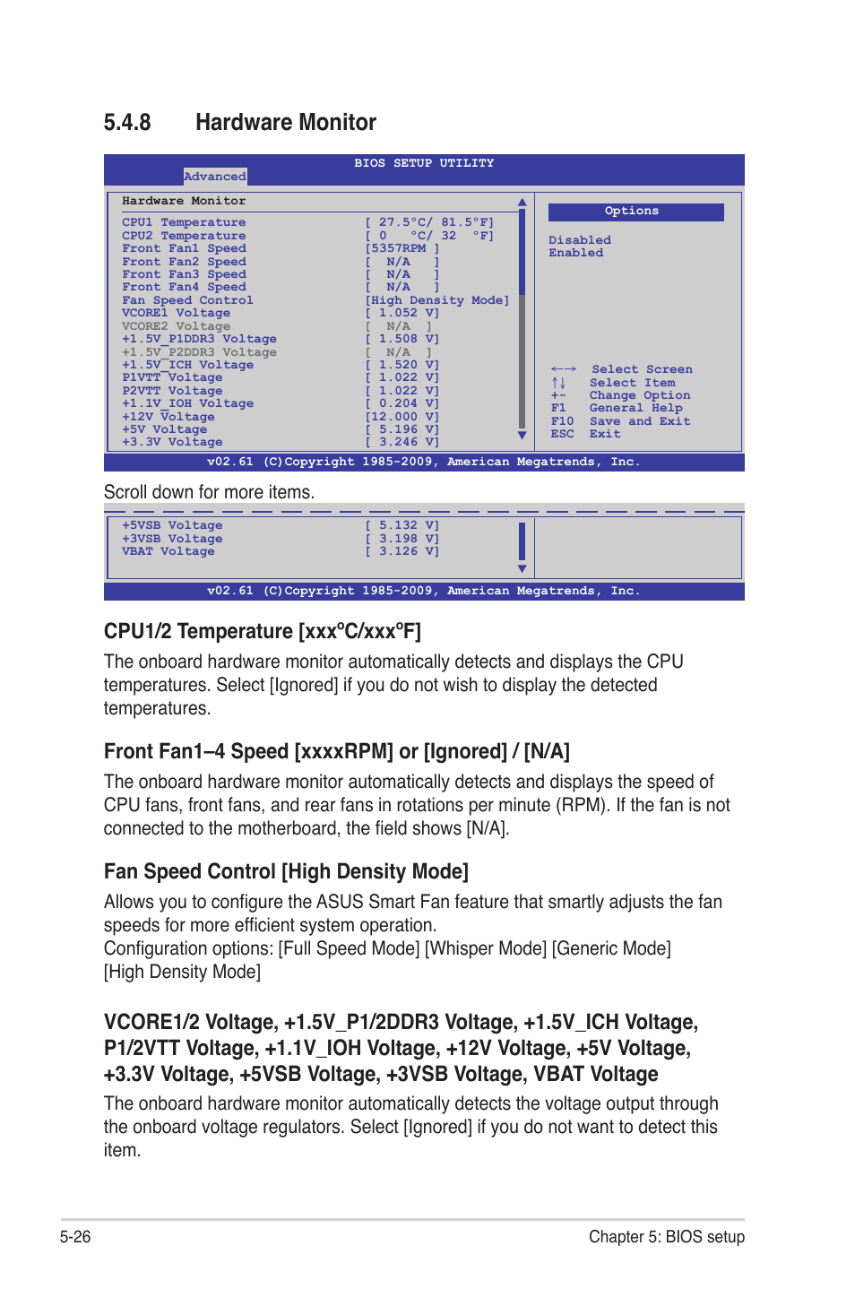 8 hardware monitor, Hardware monitor -26, Cpu1/2 temperature [xxxºc/xxxºf | Fan speed control [high density mode, Scroll down for more items | Asus RS724Q-E6/RS12 User Manual | Page 92 / 166