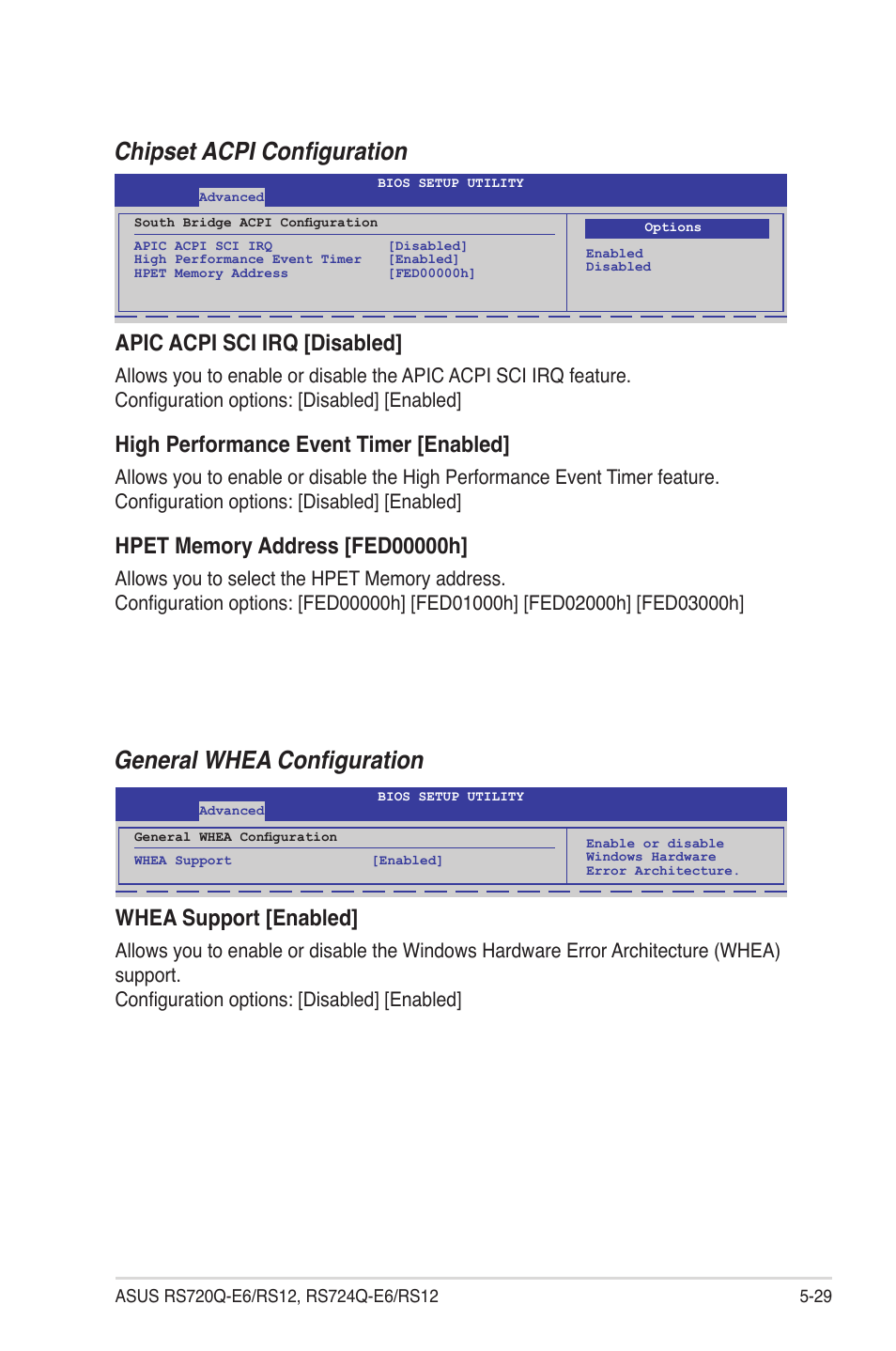 Chipset acpi configuration, General whea configuration, Apic acpi sci irq [disabled | High performance event timer [enabled, Whea support [enabled | Asus RS724Q-E6/RS12 User Manual | Page 95 / 166