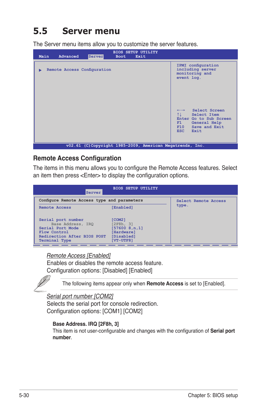5 server menu, Server menu -30, Remote access configuration | Asus RS724Q-E6/RS12 User Manual | Page 96 / 166