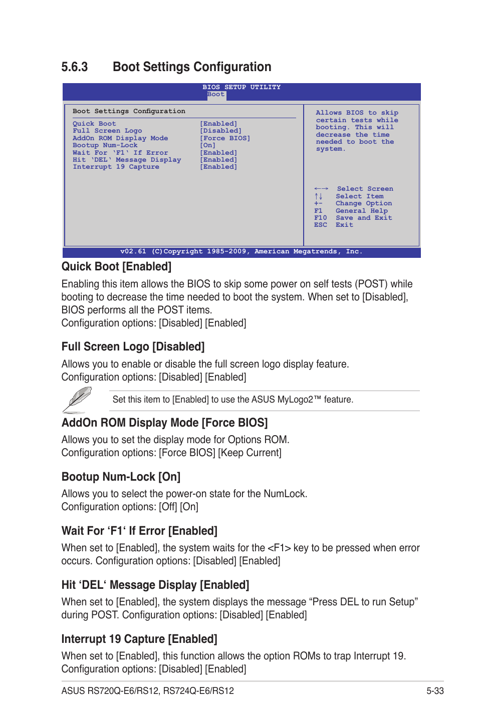 3 boot settings configuration, Boot settings configuration -33, Quick boot [enabled | Full screen logo [disabled, Addon rom display mode [force bios, Bootup num-lock [on, Wait for ‘f1‘ if error [enabled, Hit ‘del‘ message display [enabled, Interrupt 19 capture [enabled | Asus RS724Q-E6/RS12 User Manual | Page 99 / 166