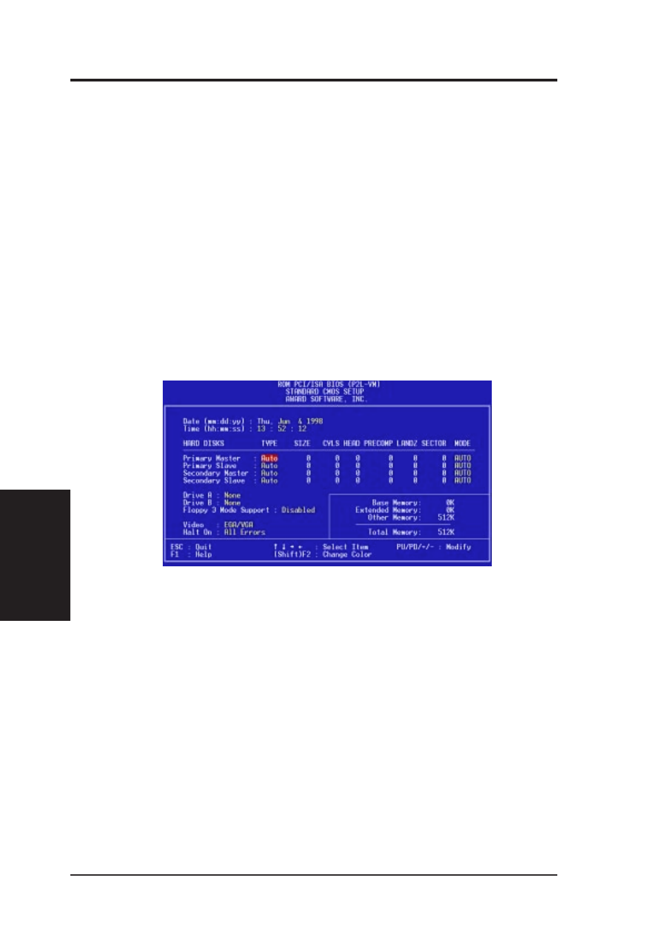 Iv. bios software, Standard cmos setup | Asus P2L-VM User Manual | Page 40 / 116