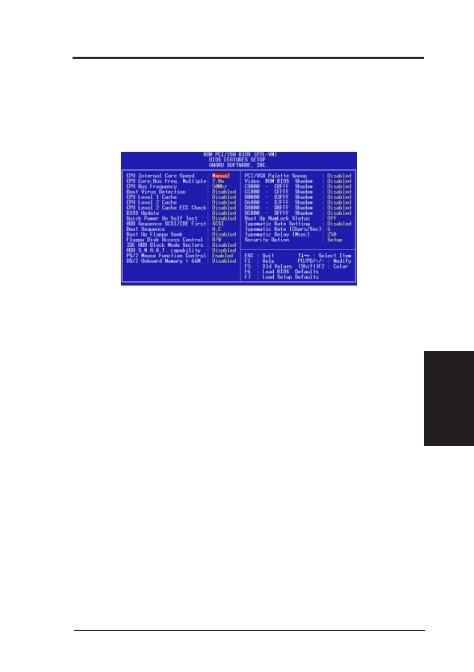 Iv. bios software, Bios features setup | Asus P2L-VM User Manual | Page 43 / 116