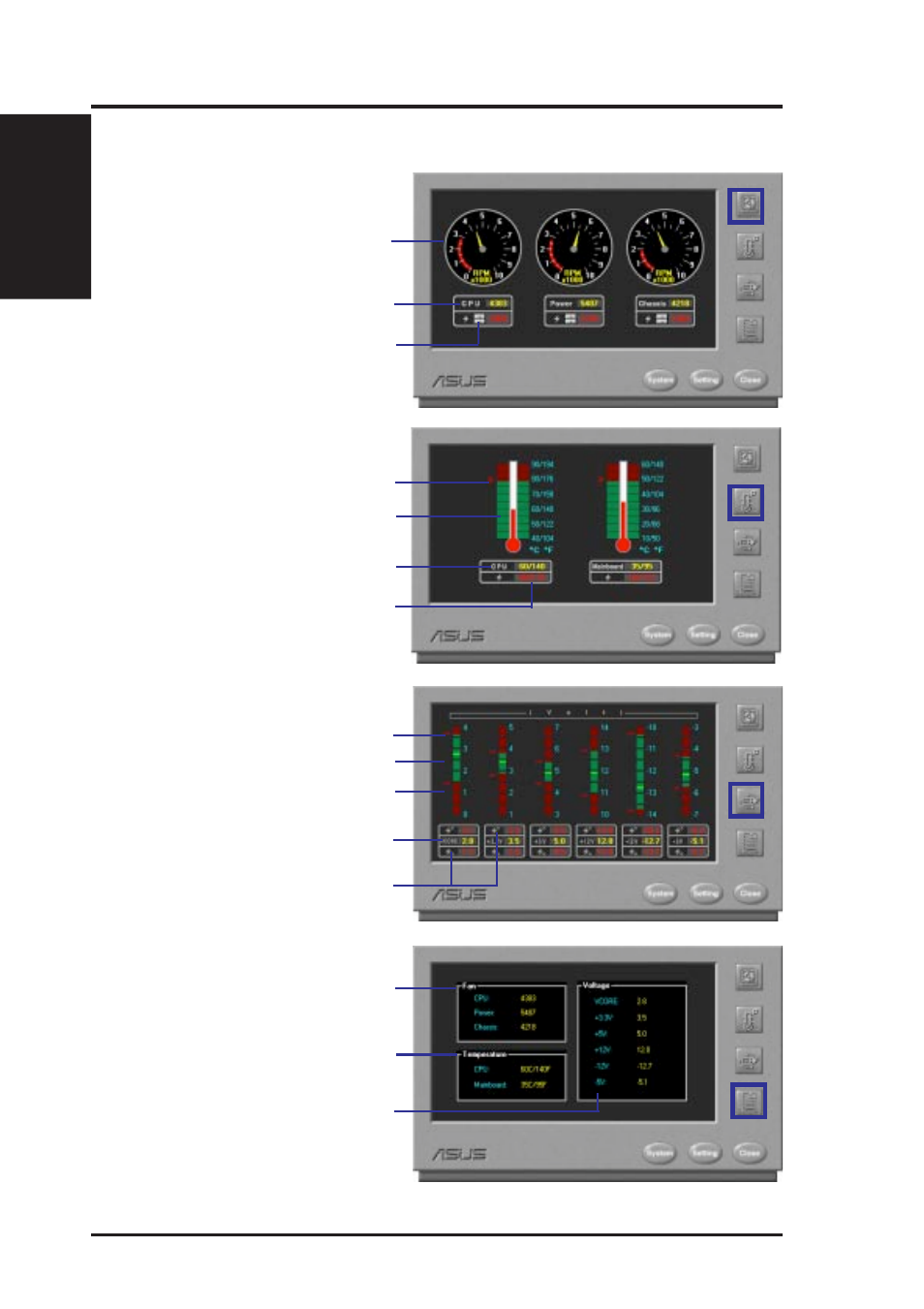 A. pc probe utility, Using the asus pc probe, Fan rotation status pc temperature status | Pc voltage status, Pc status summary | Asus P2L-VM User Manual | Page 62 / 116