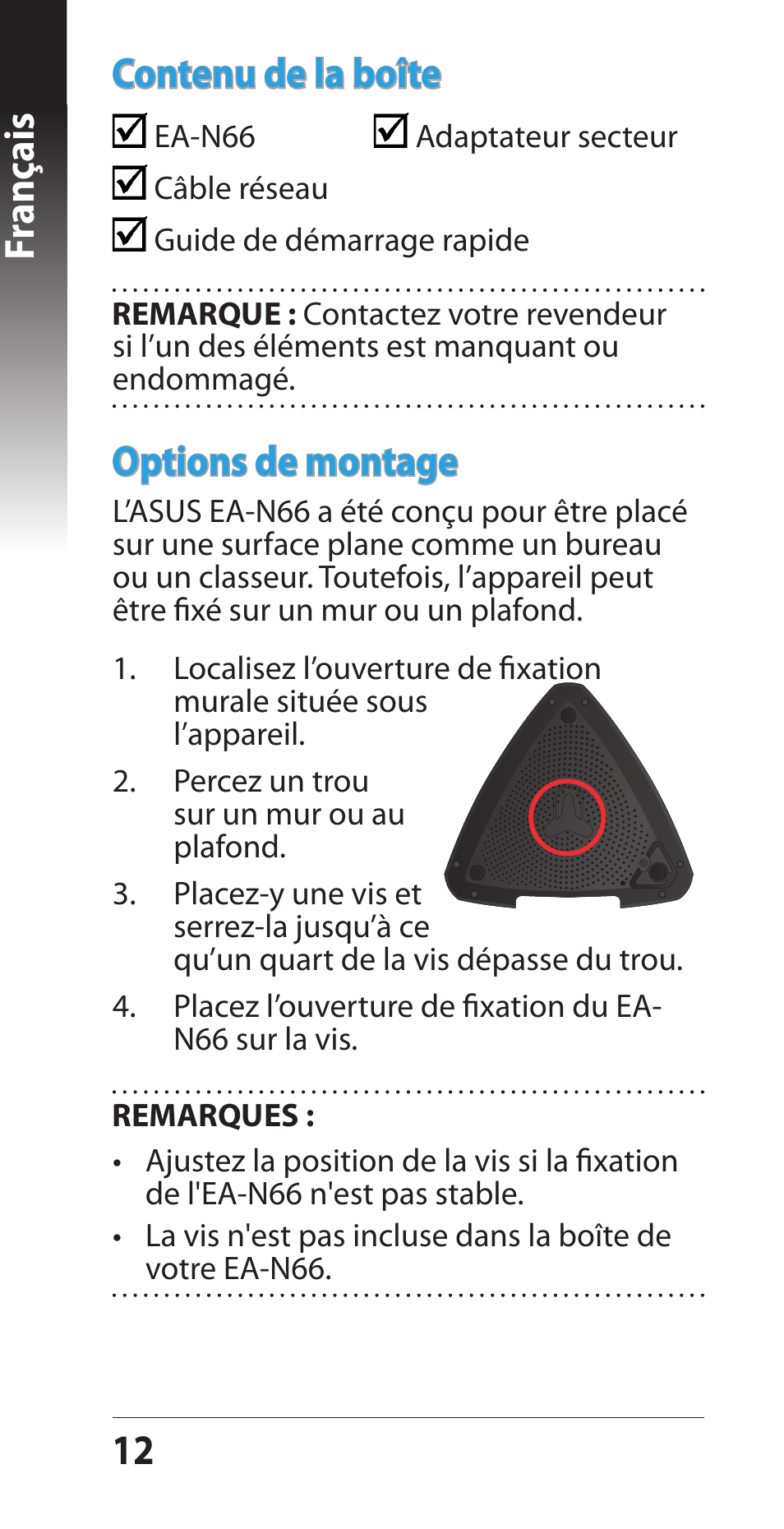 12 fr anç ais options de montage, Contenu de la boîte | Asus EA-N66 User Manual | Page 12 / 44