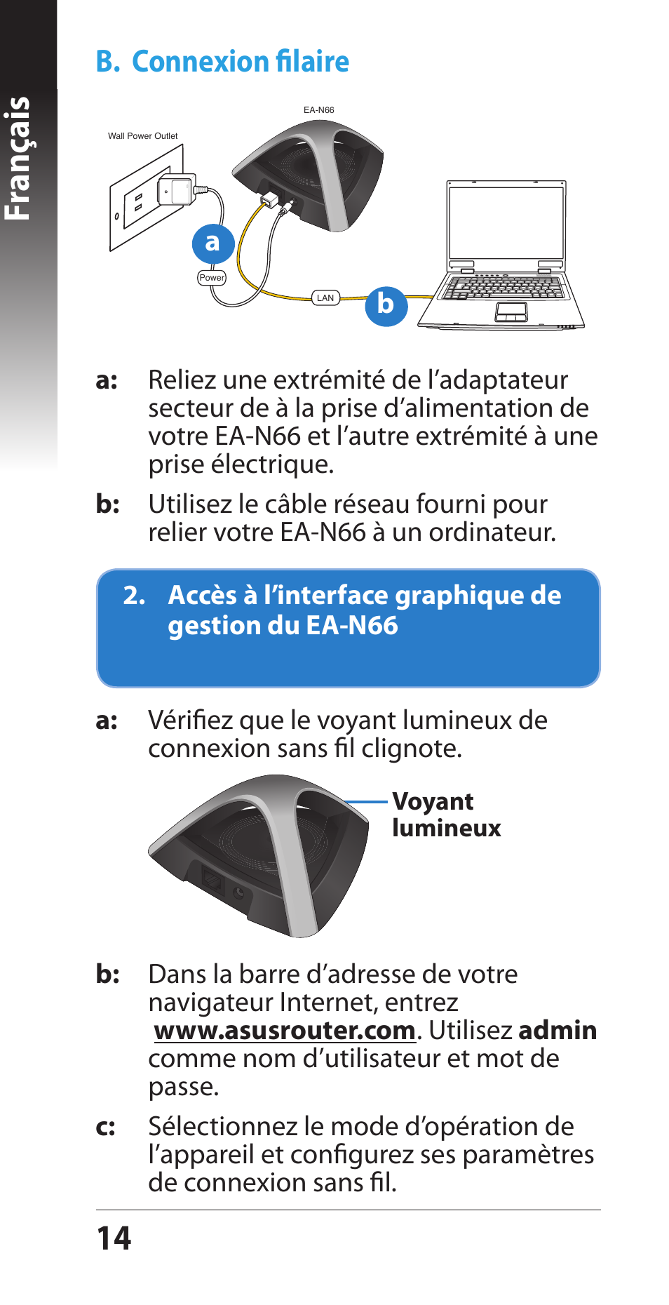 1 fr anç ais, B. connexion filaire | Asus EA-N66 User Manual | Page 14 / 44