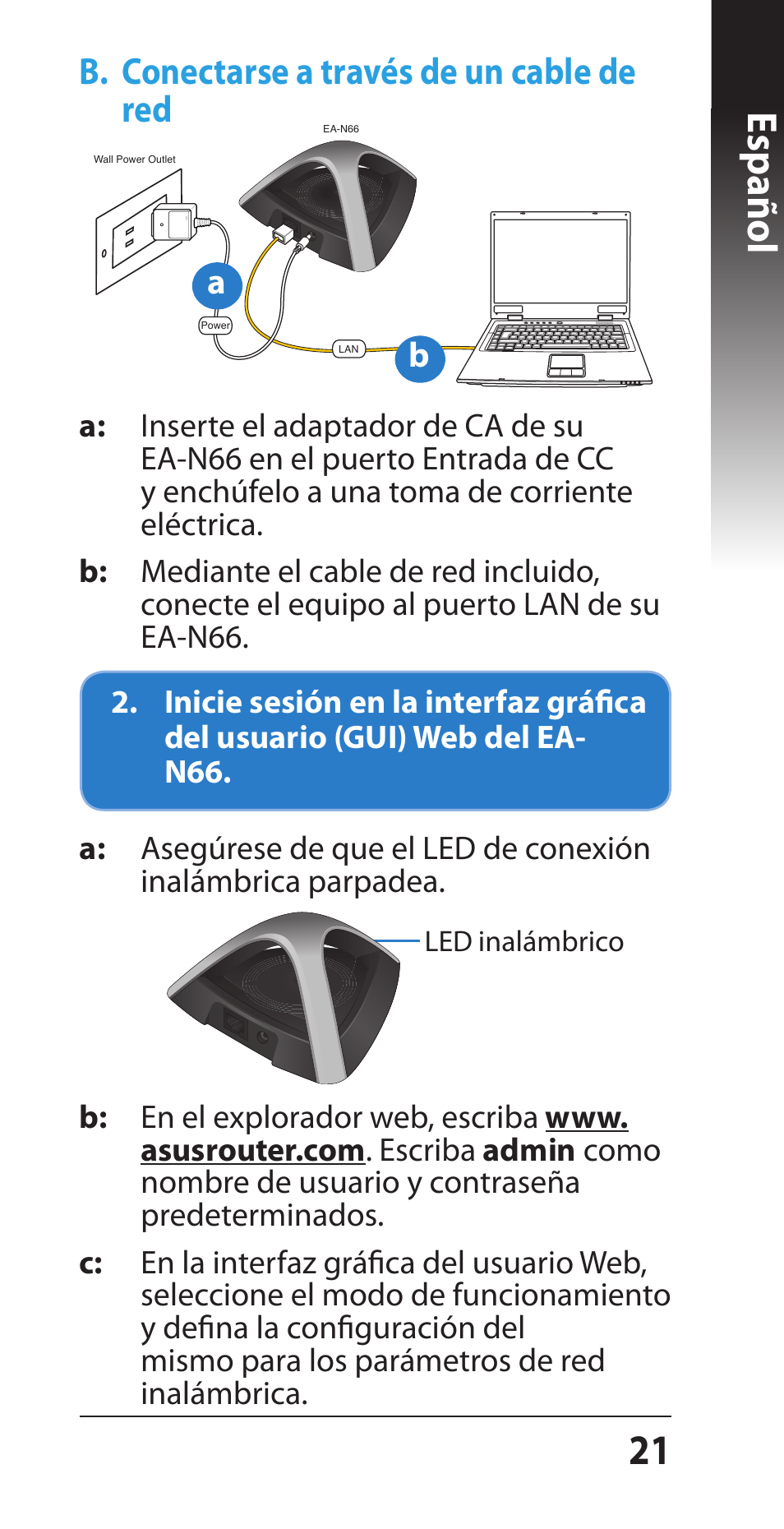 21 español, B. conectarse a través de un cable de red | Asus EA-N66 User Manual | Page 21 / 44