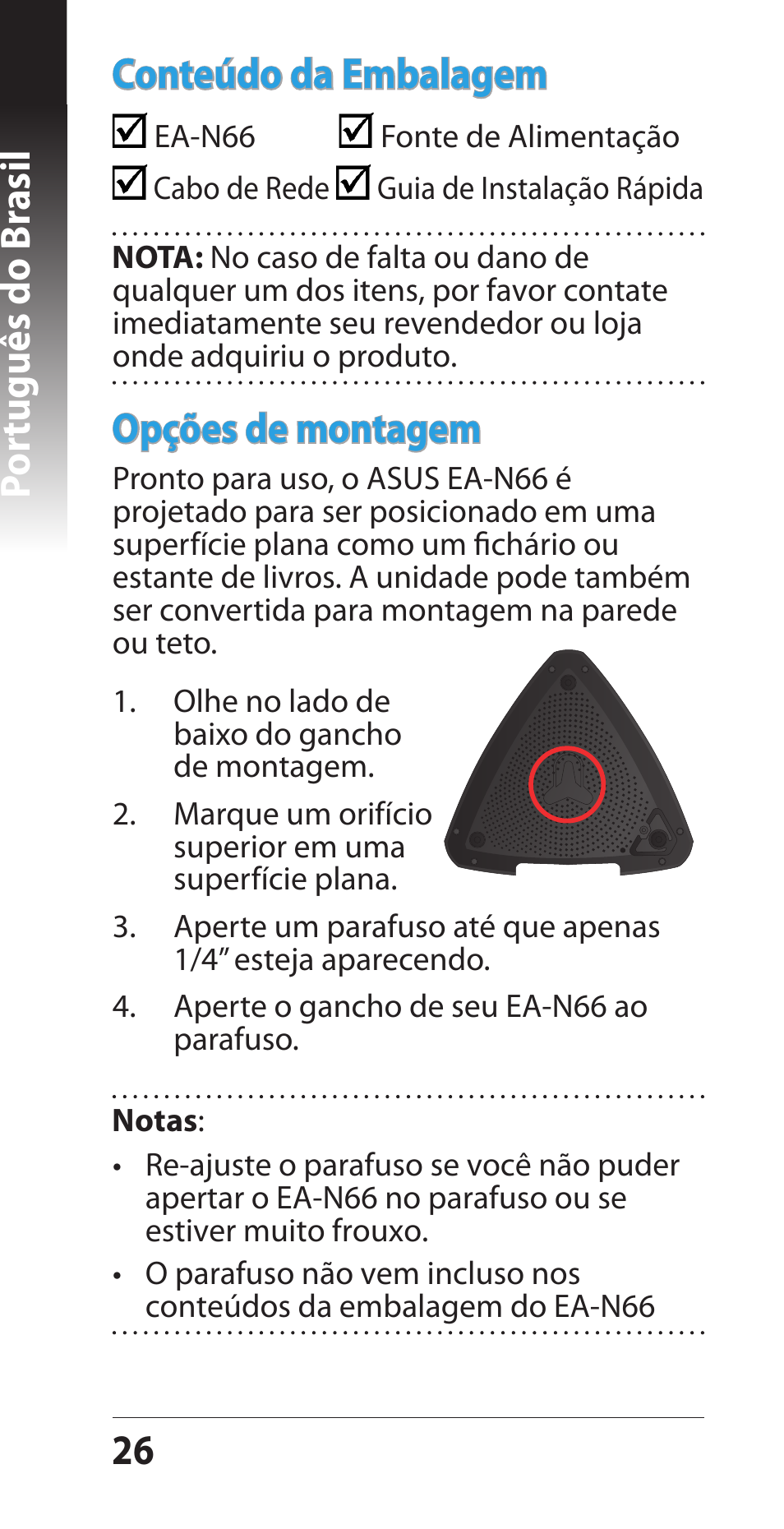 2 por tuguês do br asil opções de montagem, Conteúdo da embalagem | Asus EA-N66 User Manual | Page 26 / 44