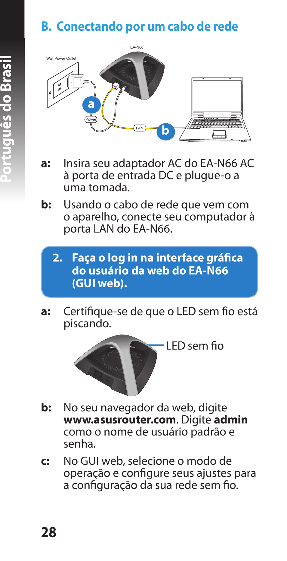 2 por tuguês do br asil, B. conectando por um cabo de rede | Asus EA-N66 User Manual | Page 28 / 44