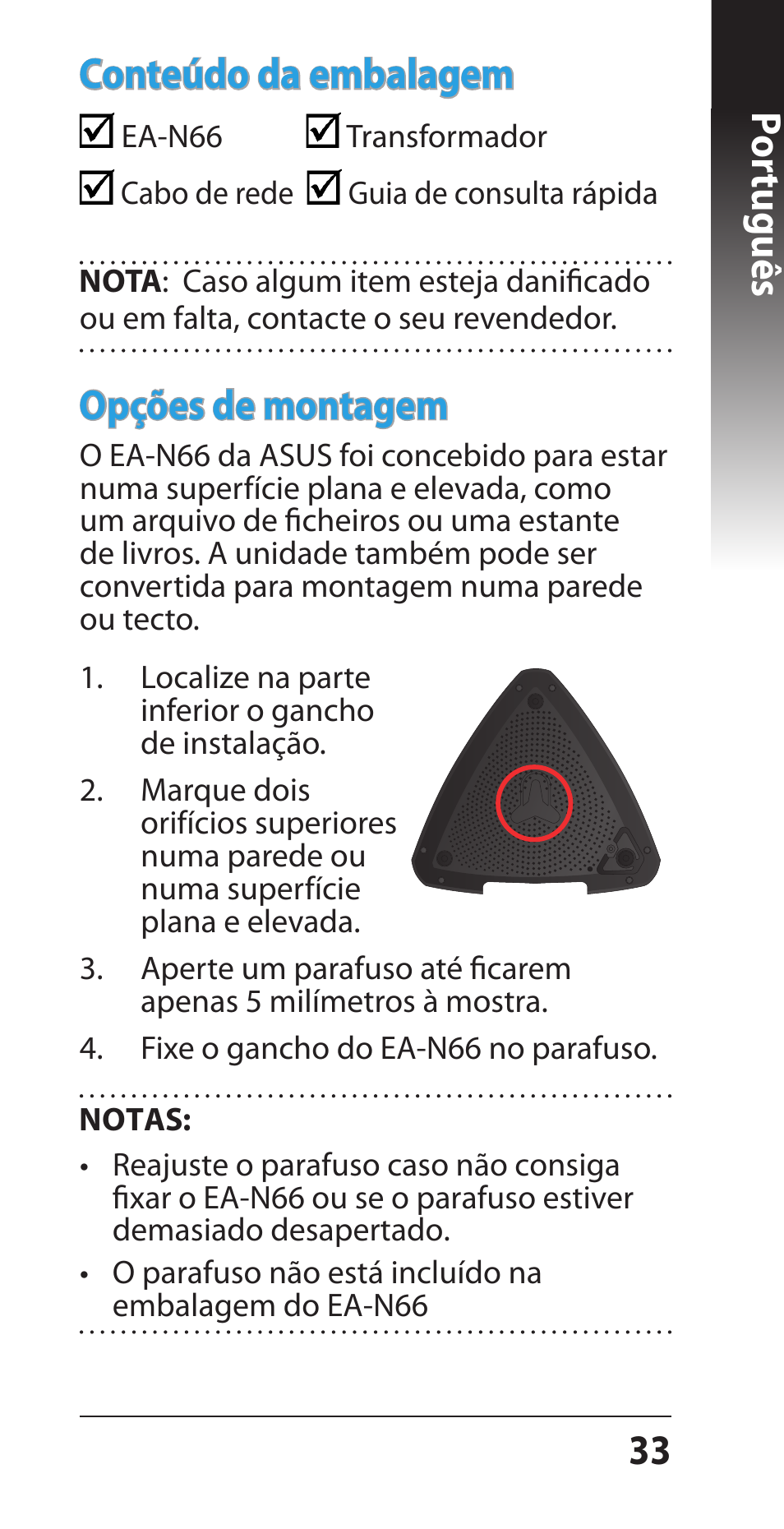 33 por tuguês opções de montagem, Conteúdo da embalagem | Asus EA-N66 User Manual | Page 33 / 44