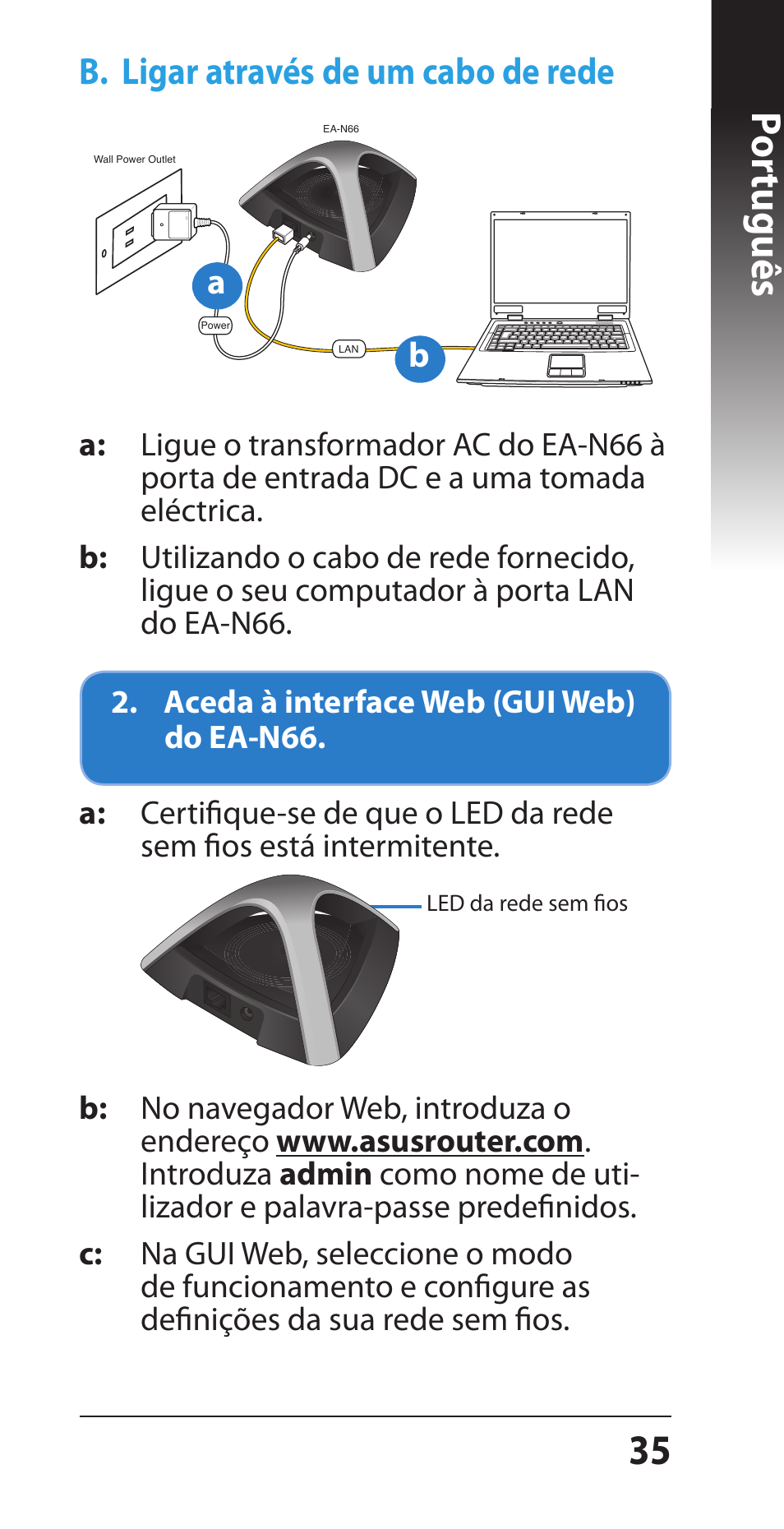 3 por tuguês, B. ligar através de um cabo de rede | Asus EA-N66 User Manual | Page 35 / 44