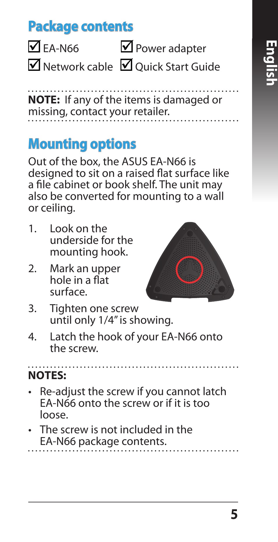 English mounting options, Package contents | Asus EA-N66 User Manual | Page 5 / 44