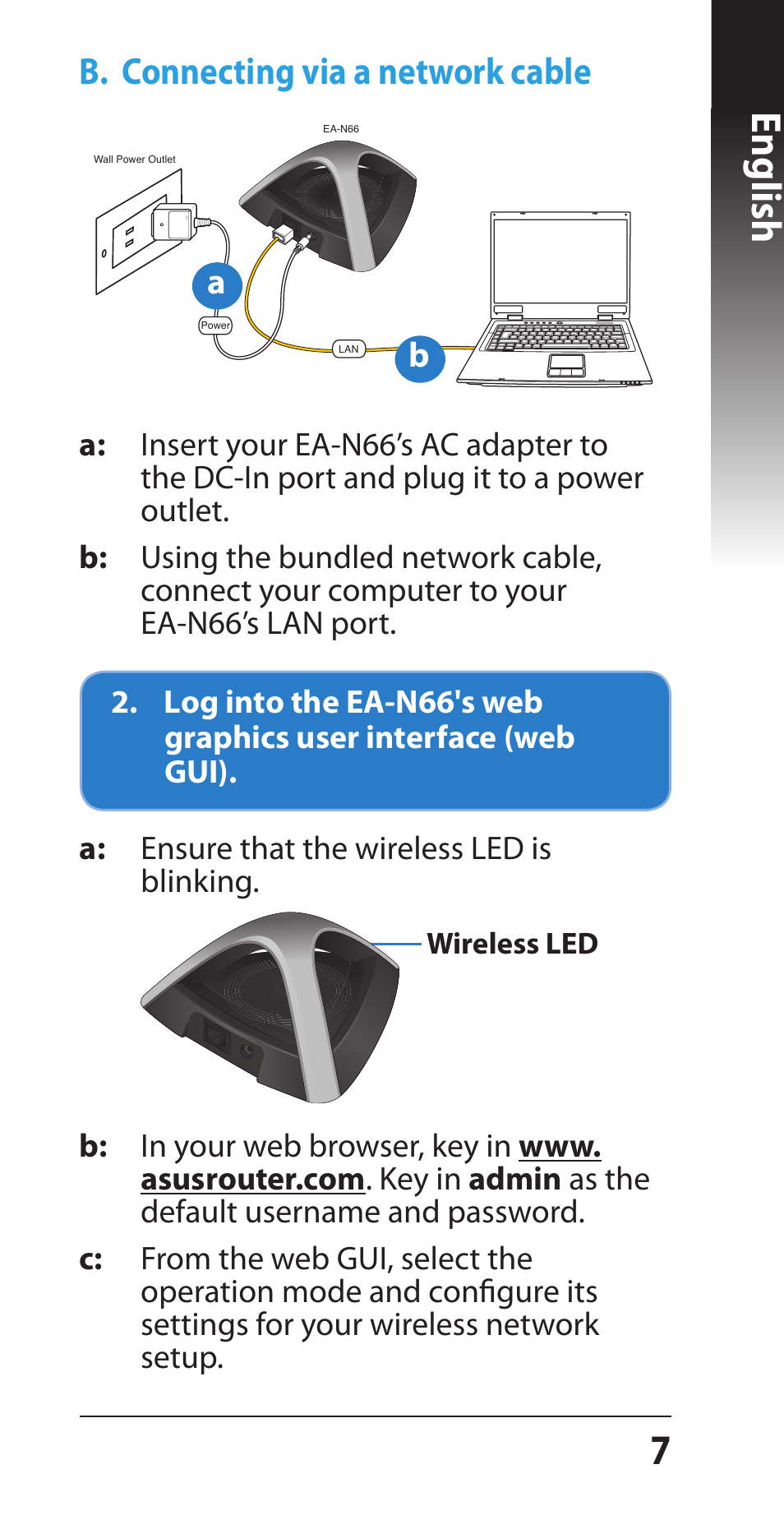English, B. connecting via a network cable | Asus EA-N66 User Manual | Page 7 / 44