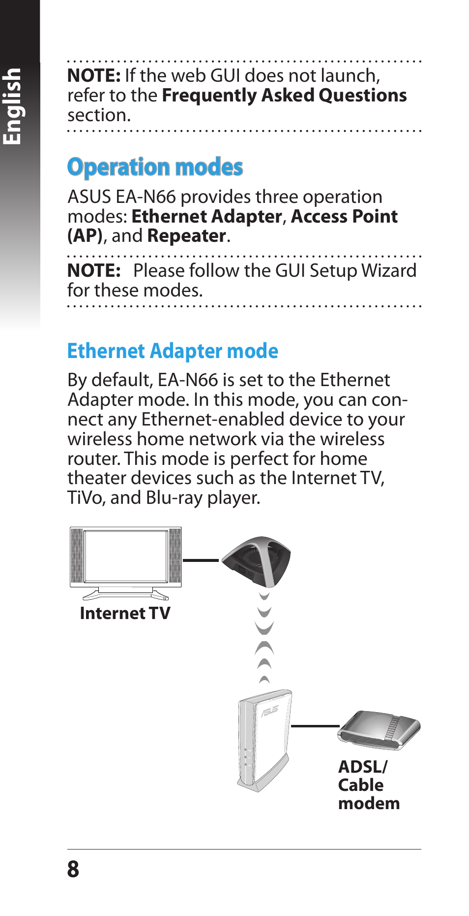 English, Operation modes | Asus EA-N66 User Manual | Page 8 / 44